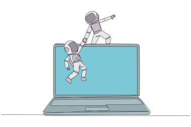 Genç astronotun çizdiği tek çizgi, meslektaşının büyük bir dizüstü bilgisayara tırmanmasına yardımcı oluyor. Çevrimiçi iş geliştirmek için uygulamalar oluşturulmasına yardımcı olur. Harika bir takım çalışması. Devamlı çizgi tasarımı grafik çizimi