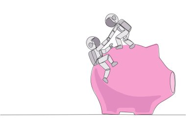 Tek sıra çizen astronot, meslektaşının büyük kumbaraya tırmanmasına yardım ediyor. Birbirinize kibarca hatırlatın. Geleceğe yatırım. Süper harika takım çalışması. Devamlı çizgi tasarımı grafik çizimi