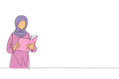 Tek sıra halinde, Arap kadını okumaya odaklıyor. Verilen görevlere yanıt bulmaya çalış. Daha fazla bilgi edinin. Okumak görüşü arttırır. İyi okumalar. Bir çizgi tasarımı vektör illüstrasyonu