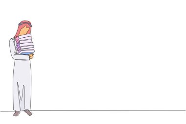 Sürekli bir çizgi, Arap adamın ayakta durup kitaplara sarılmasına neden oluyor. Okumayı bitiren favori kitap. Bazı kitaplar ulusal kütüphaneye bağışlanacak. Hayırseverlik. - Bilgi. Tek çizgi çizme tasarım vektörü