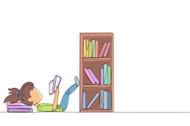 Single one line drawing girl lying on back reading fiction story book near bookcase. Read slowly to enjoy the storyline. Hobby reading. Very good habit. Continuous line design graphic illustration clipart