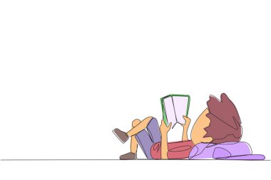 Sırtüstü uzanmış kitap okuyan tek sıra çizen çocuk. En sevdiğim çizgi romanı okuyorum. Kurgu kitaplarının büyük hayranıyım. Hikayenin tadını çıkar. Okumak görüşü arttırır. Bir çizgi tasarımı vektör illüstrasyonu