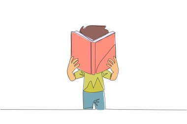 Sürekli çizgi çizen çocuk yüzünü kapatana kadar kitap okuyor. Final sınavlarına girerken gerginsin. Odaklanmaya çalış. Okumak görüşü arttırır. Bir çizgi tasarımı vektör illüstrasyonu