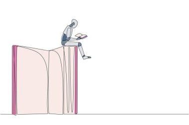 Devamlı tek satır halinde, açık bir kitabın üzerinde oturmuş kitap okuyan akıllı robotlar çiziyor. Ciddi ve odaklanmış öğrenme kavrayışı artırır. Kitap festivali konsepti. Tek çizgi çizimi tasarım vektör çizimi