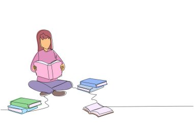 Okumayı çok seven tek sıra çizen bir kadın. Her gün bir kitap okunuyor. İyi alışkanlık. Kitap okumadan bir gün bile geçmez. Kitap festivali konsepti. Bir çizgi tasarımı vektör illüstrasyonu