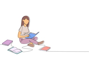 Bir satırda kütüphanede rahatça oturup kitap okuyan bir kadın çiziyor. Görevlerin cevaplarını arıyorum. Hobi okuma. Kitap festivali konsepti. Devamlı çizgi tasarımı grafik çizimi