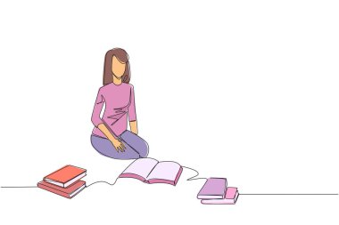Tek sıra halinde kitap okuyan bir kadın çiziyor. İyi bir okuma merakı. Hikaye kitapları okumaktan gerçekten zevk alıyorum. Her yerde okuyorum. Kitap festivali konsepti. Devamlı çizgi tasarımı grafik çizimi