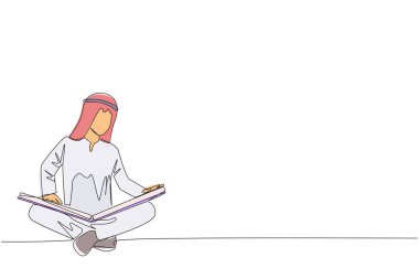 Tek sıra halinde sürekli çizen Arap adam otur ve ayaklarına kitap oku. Coğrafi haritanın tamamını okumak ilginç. Merakı yok et. Kitap festivali. Bir çizgi tasarımı vektör illüstrasyonu
