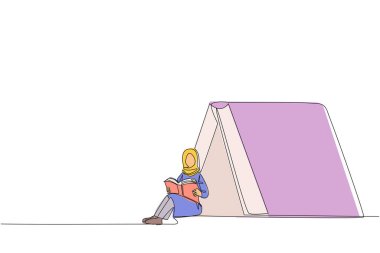 Single continuous line drawing Arabian woman sitting in front of large tent-shaped book. Reading adventure fiction books in the wild. Addicted to reading. Book festival. One line vector illustration clipart