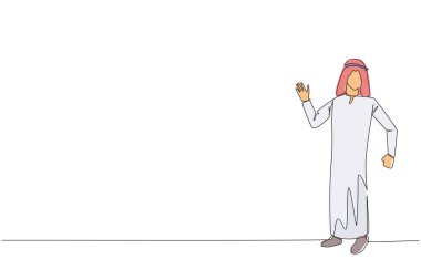 Sürekli bir çizgi halinde duran Arap bir adam jest yapıyor. Kitap festivaline davet edildim. Çeşitli kitap türlerinin sergisi. İyi okumalar. Tek çizgi çizimi tasarım vektör çizimi