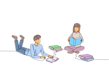 Sürekli bir çizgi çizen adam otur ve ayaklarına kitap oku. Coğrafi haritanın tamamını okumak ilginç. Merakı yok et. Kitap festivali. Tek çizgi çizimi tasarım vektör çizimi