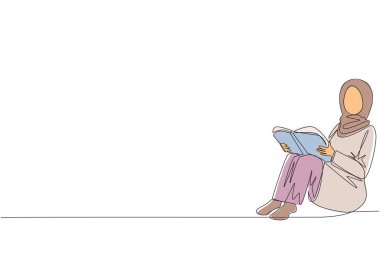 Sürekli bir satır Arap kadını kitap okurken çiziyor. Yeni kitap okuma hobisi rahatlamana yardımcı olur. Bir gün bir kitap. İyi alışkanlıklar. Kitap festivali konsepti. Tek çizgi çizimi tasarım vektör çizimi