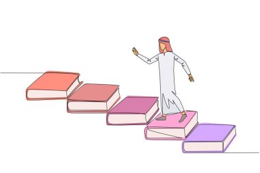 Tek sıra halinde, Araplar kitaplardan merdivenleri çıkıyorlar. Okumak, daha iyi bir hayatın saygınlığını artırabilecek bilgiyi artırır. Kitap festivali konsepti. Bir çizgi tasarımı vektör illüstrasyonu