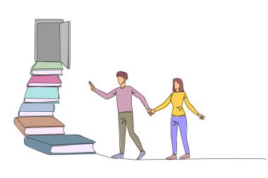 Tek sıra halinde, erkek kadın kitap yığınından merdivenleri çıkıyor. Geniş açık kapıya doğru. Kitaplardan cevap bulma metaforu. Kitap festivali. Devamlı çizgi tasarımı grafik çizimi