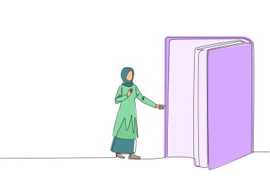 Single one line drawing Arabian woman open the book-shaped door. Book can open mind and see everywhere. Increase knowledge about wider world. Book festival. Continuous line design graphic illustration clipart
