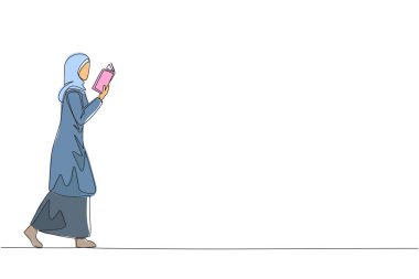 Sürekli bir satır Arap kadını kitap okurken çiziyor. Kitaptan bir şeyler ezberlemenin jesti. Herhangi bir yerde. Okumaya bağımlı. Kitap festivali. Tek çizgi çizimi tasarım vektör çizimi