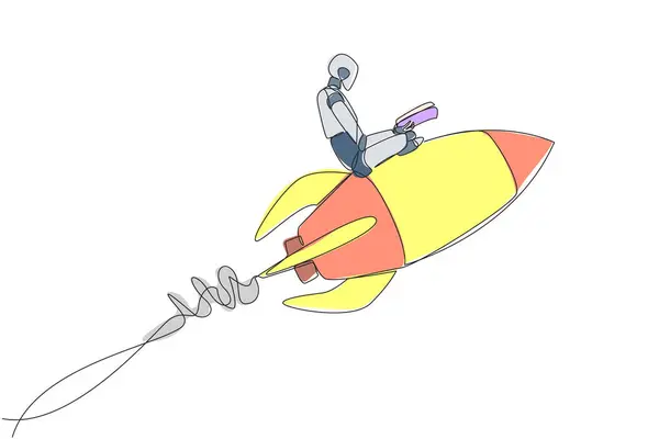 Eine Durchgehende Linie Zeichnet Intelligente Roboter Fliegen Auf Einer Rakete lizenzfreie Stockillustrationen