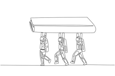 Sürekli bir çizgi halinde bir grup astronotun kitap taşıyarak birlikte çalışması. İlginç bir uzay gezisi hikayesi. Hafıza. Kozmonot. Uzay boşluğu. Tek çizgi çizimi tasarım vektör çizimi