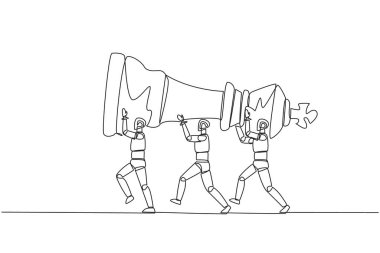 Kralın satranç taşlarını taşıyan bir grup robot sürekli olarak birlikte çalışırlar. Yapay zeka strateji tasarlayabilir. Teknoloji. Tek çizgi çizimi tasarım vektör çizimi