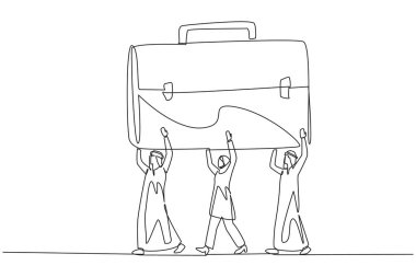 Arap işadamları ve Arap iş kadınlarından oluşan bir grup evrak çantası taşıyarak birlikte çalışıyor. Birlikte çok çalışın. İş gezisine gidiyorum. Tek çizgi çizimi tasarım vektör çizimi