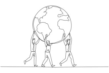 Tek sıra halinde çalışan iş adamları ve iş kadınlarının dünyayı birlikte taşıması. Yeni bir iş dalı açıyorum. Kârlı stratejik konum. Bir çizgi tasarımı vektör illüstrasyonu