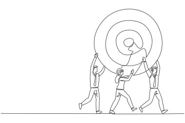 Tek sıra halinde iş adamları ve iş kadınları ok hedef tahtası taşıyarak birlikte çalışıyor. Uyumluluğunuzu koruyun. Belirtilen hedeflere ulaşın. Devamlı çizgi tasarımı grafik çizimi