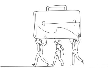 Bir satırda bir grup işadamı ve iş kadını evrak çantası taşıyarak birlikte çalışıyor. Kısa ve öz. İş seyahatini kolaylaştırır. Terfi ettim. Çanta. Devamlı çizgi tasarımı grafik çizimi