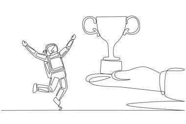 Devamlı tek sıra halinde genç astronotlar, kupayı dev elden aldıkları için mutlular. Yarışma galibi. Şampiyon. Uzay gazetecisi. Uzayın derinliklerinde kozmonot. Bir çizgi tasarımı vektör illüstrasyonu