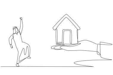 Devamlı bir çizgi halinde, Arap işadamı dev bir elden minyatür bir ev almak için heyecanlanıyor. Yönetim kurulundan olağanüstü bir hediye. Huzurevi. Tek çizgi çizimi tasarım vektör çizimi