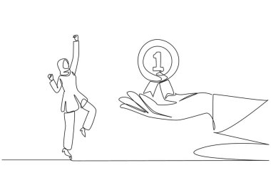 Devamlı çizilen Arap iş kadını dev elden ödül madalyası aldığı için mutluydu. Başarı elde edildi. Daha fazla başarı elde etmek istiyorum. Tek çizgi çizimi tasarım vektör çizimi