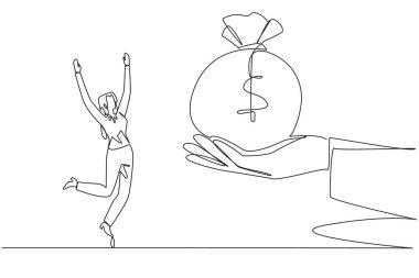 Devamlı olarak iş kadınını çeken bir çizgi dev elden para çantası almak için heyecanlıydı. Büyük ek sermaye. Eşleşen ikramiyeler. Akıllı çalışın. Tek çizgi çizimi tasarım vektör çizimi