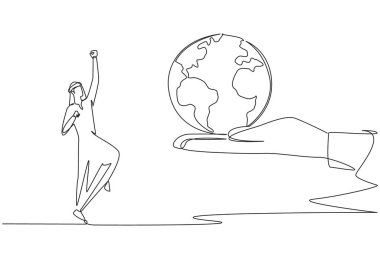 Arap iş adamını çeken tek sıra, dünyayı dev elden almak için sabırsızlanıyor. Haberler iyi. Kârın yayılması tamamlandı. Kârını genişlet. Gurur. Bir çizgi tasarımı vektör illüstrasyonu