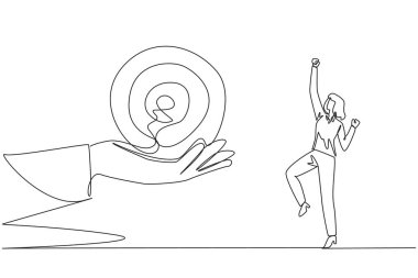 Devamlı bir çizgi çizen iş kadını dev bir elden ok hedefi tahtası almak için heyecanlıydı. Birlikte büyük başarı elde etmek için odaklanmış bir komut alın. Tek çizgi çizimi tasarım vektör çizimi