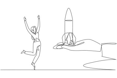 Devamlı olarak iş kadınını çeken bir çizgi dev elden roket almaktan mutluluk duyar. Yakında açılacak en yeni işi yönetmek için bir teklif al. Tek çizgi çizimi tasarım vektör çizimi