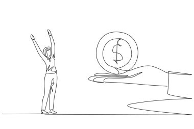 İş kadınının çizdiği tek sıra, dev elden bir dolar sembolü almak için sabırsızlanıyor. Biraz daha sermaye. Kâr etmek için kullan. Önemli bir hediye. Bir çizgi tasarımı vektör illüstrasyonu