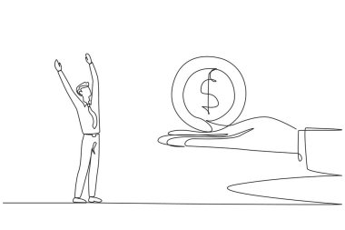 Devamlı çizilen bir çizgi, iş adamını dev bir elden dolar sembolü para almak için heyecanlandırıyor. En önemli hediye. Acil ihtiyaçlar için kullanılabilir. Tek çizgi çizimi tasarım vektör çizimi