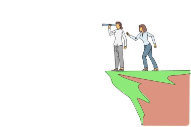 Dürbün kullanarak uçurumun kenarında bir şeyi izleyen iş kadınını tek bir çizgi çiziyor. Gözetleme işi. Hain tarafından arkadan indirildi. Devamlı çizgi tasarımı grafik çizimi