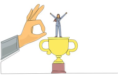 Büyük kupa üzerinde duran tek sıra iş kadınını çekiyor. İşimizin başarısını kutluyoruz. Dolandırıcı rakipleri var. Çaresiz düşmek. Bir çizgi tasarımı vektör illüstrasyonu