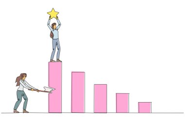 Sürekli bir çizgi halinde iş kadını en yüksek onuru elde ediyor. İş ortağının mutluluğunu sevmeyen ikiyüzlü. Ete batan bir diken. Hainsin. Tek çizgi çizimi tasarım vektör çizimi