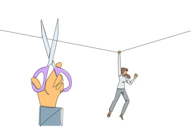 İpe asılı iş kadını çizen tek satır. İpi kesmek isteyen büyük bir el. Neredeyse işe yaramaz bir işi sürdürmek. Hainler tarafından engellendi. Devamlı çizgi tasarımı grafik çizimi