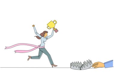 Aralıksız tek sıra halinde iş kadını kupayla koşuyor. Tehlikeli bir iş tuzağı. Bu tuzak gerçekten işi batırıyor. Sahte arkadaş. Hainsin. Rakibim. Tek çizgi çizimi tasarım vektör çizimi