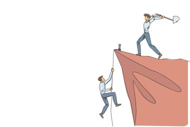 Sürekli bir sıra halinde işadamı halatla kayalıklara tırmanıyor. Neredeyse başarılıydı. Bir iş arkadaşı tarafından kaba bir şekilde bırakılmış. Sahte ortak. En kötü takım çalışması. Tek çizgi çizimi tasarım vektör çizimi