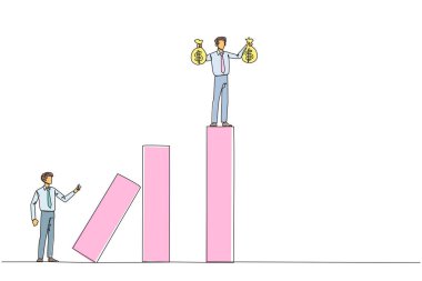 Tek sıra halinde duran işadamı para çantasını kaldırıyor. Sahte ortak. Kıskanç arkadaş. Mutluluğu sabote et. Ofisteki hain. Tek çizgi çizimi tasarım vektör çizimi