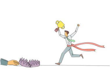 Tek sıra halinde bir işadamı kupayla koşuyor. Tehlikeli bir iş tuzağı. Bir işi alaşağı eden bir tuzak. Sahte arkadaş. Hainsin. Rakibim. Devamlı çizgi tasarımı grafik çizimi