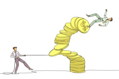 Tek sıra halinde işadamı, en tepedeki kişiyi düşüren madeni paralardan birini çekmeye çalışıyor. İş dolandırıcılığı. Ofis parasını zimmetine geçirme. Hainsin. Bir çizgi tasarımı vektör illüstrasyonu