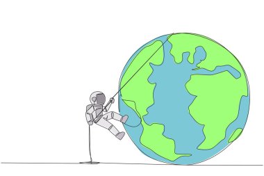 Astronot halatla Dünya 'ya tırmanmaya devam ediyor. Büyük bir iş büyümesi ile dünyaya hükmetmeye çalışmak. Başarı dünyanın zirvesine ulaşır. Tek çizgi çizimi tasarım vektör çizimi