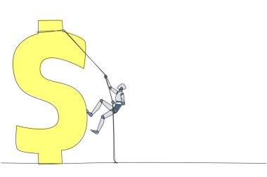 Akıllı robotların dolar sembolüne tırmandığı bir çizgi devam ediyor. Metafor, yüksek ihtiyaçlar yüzünden ekstra para arıyor. Akıllı iş, sıkı çalışmayla birleşir. Tek çizgi çizimi tasarım vektör çizimi