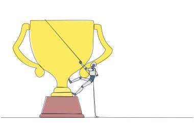 Tek sıra halinde akıllı robotlar iple kupayı tırmanıyor. Birçok ödül kazanarak markalaşma. İlişkileri bağlamak. Karşılıklı fayda. Devamlı çizgi tasarımı grafik çizimi