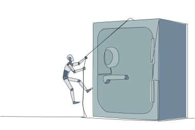 Tek sıra halinde akıllı robotlar halatla kiralık kasaya tırmanıyor. Önemli şirket verilerini güvence altına alıyor. Güvenli ve güvenilir bir yerde saklanıyor. Tek çizgi çizimi tasarım vektör çizimi