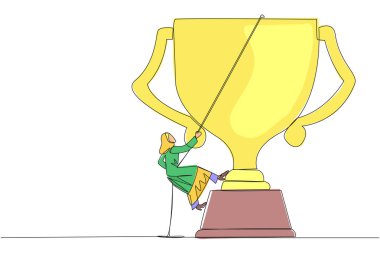 Sürekli bir çizgi halinde Arap işadamı iple kupayı tırmanıyor. Birçok ödül kazanarak markalaşma. İlişkiyi bağlamak. Karşılıklı fayda. Tek çizgi çizimi tasarım vektör çizimi